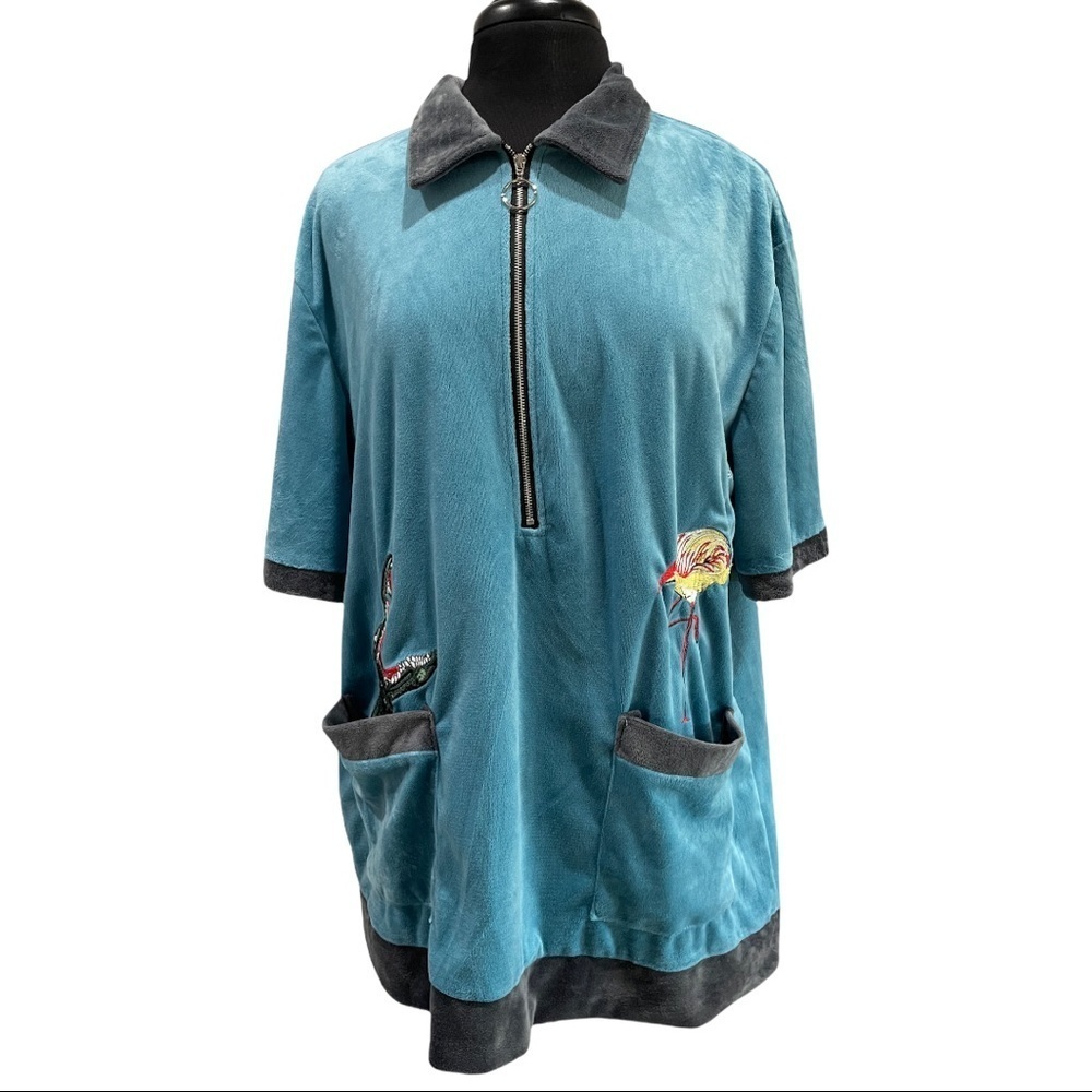 Vintage-Inspired ChArmkp Embroidered Velour Zip-Up Tunic – Size XXL